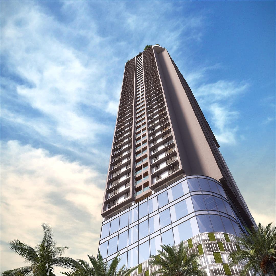 Ballaleshwar worm's eye view render — towering perspective from ground level